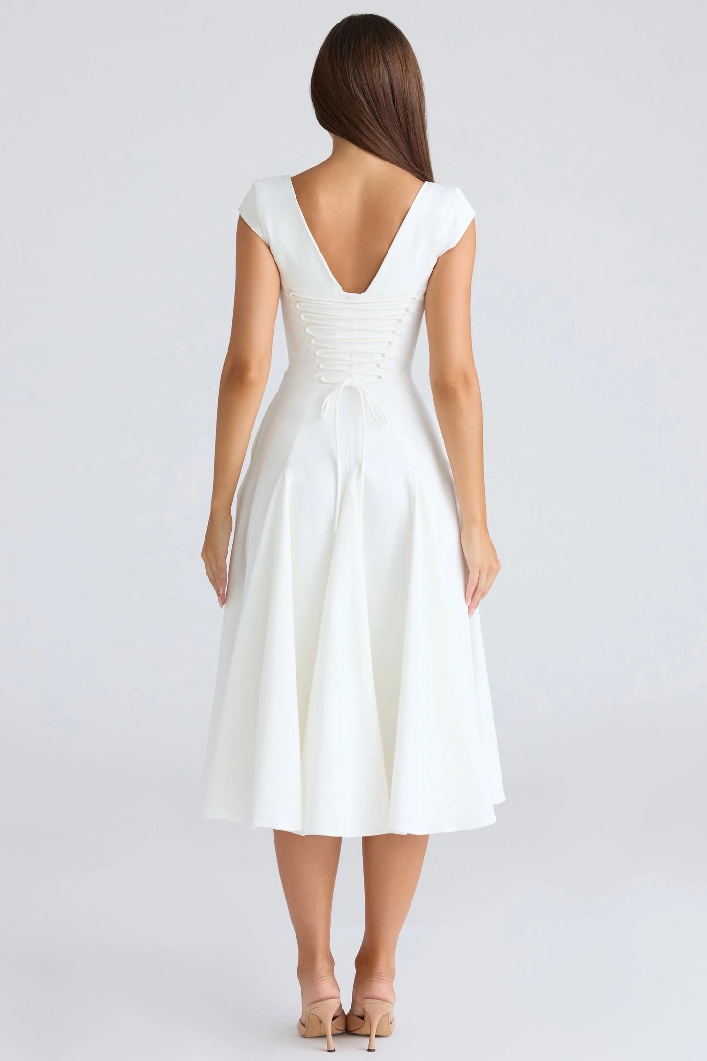 white square neck twill midi dress