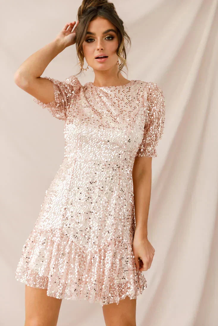 Shine On Sequin Overlay Puff Sleeve Dress Gold