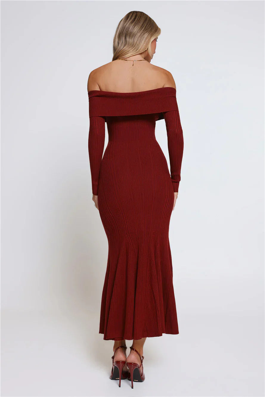 After Hours Aura Knit Off Shoulder Maxi Dress Wine