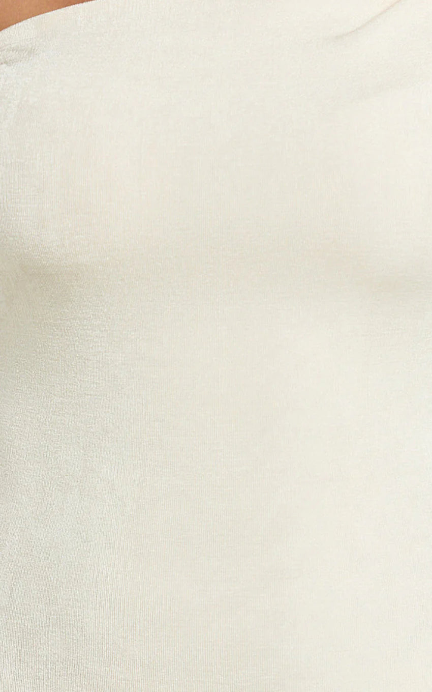 Isabel Midi Dress - Twist Off Shoulder Bodycon Dress in Cream