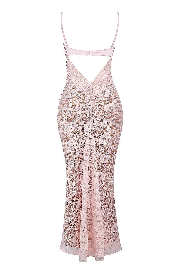 rose pink lace godet gown