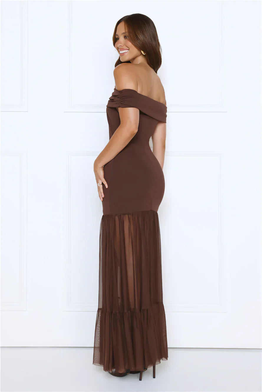 Aurora Radiance Off Shoulder Maxi Dress Brown