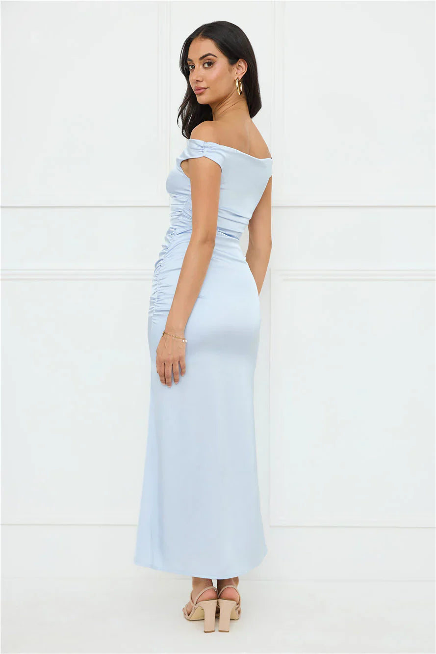 Polished Radiance Off Shoulder Satin Maxi Dress Blue