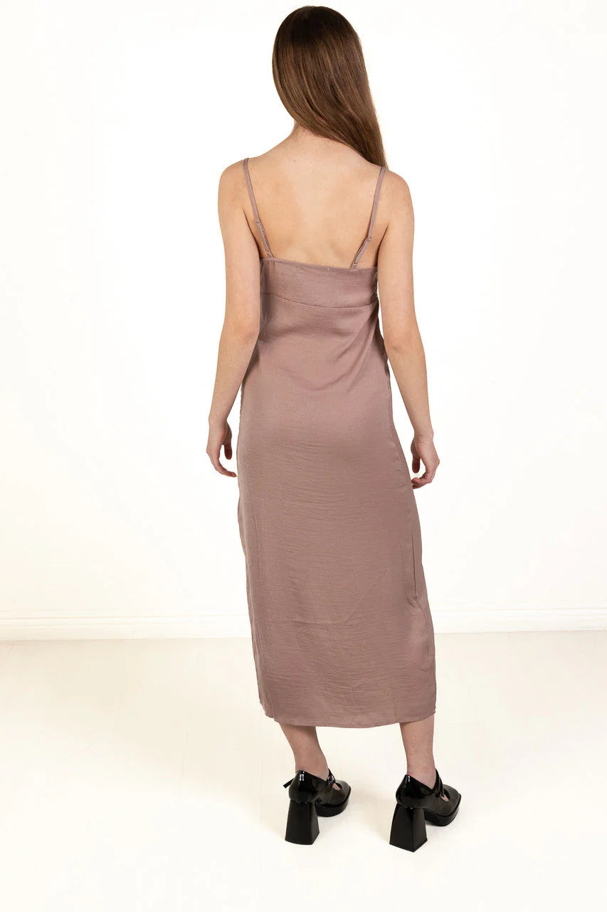 Taupe Satin Tie Front Maxi Dress