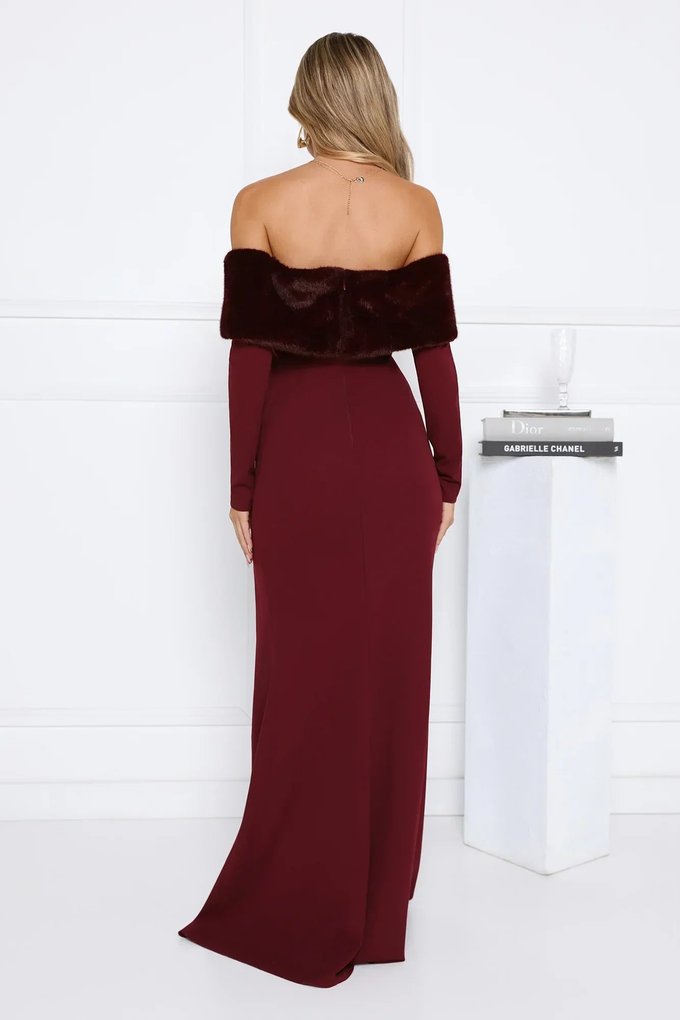 Glow In The Snow Faux Fur Off Shoulder Maxi Dress Wine