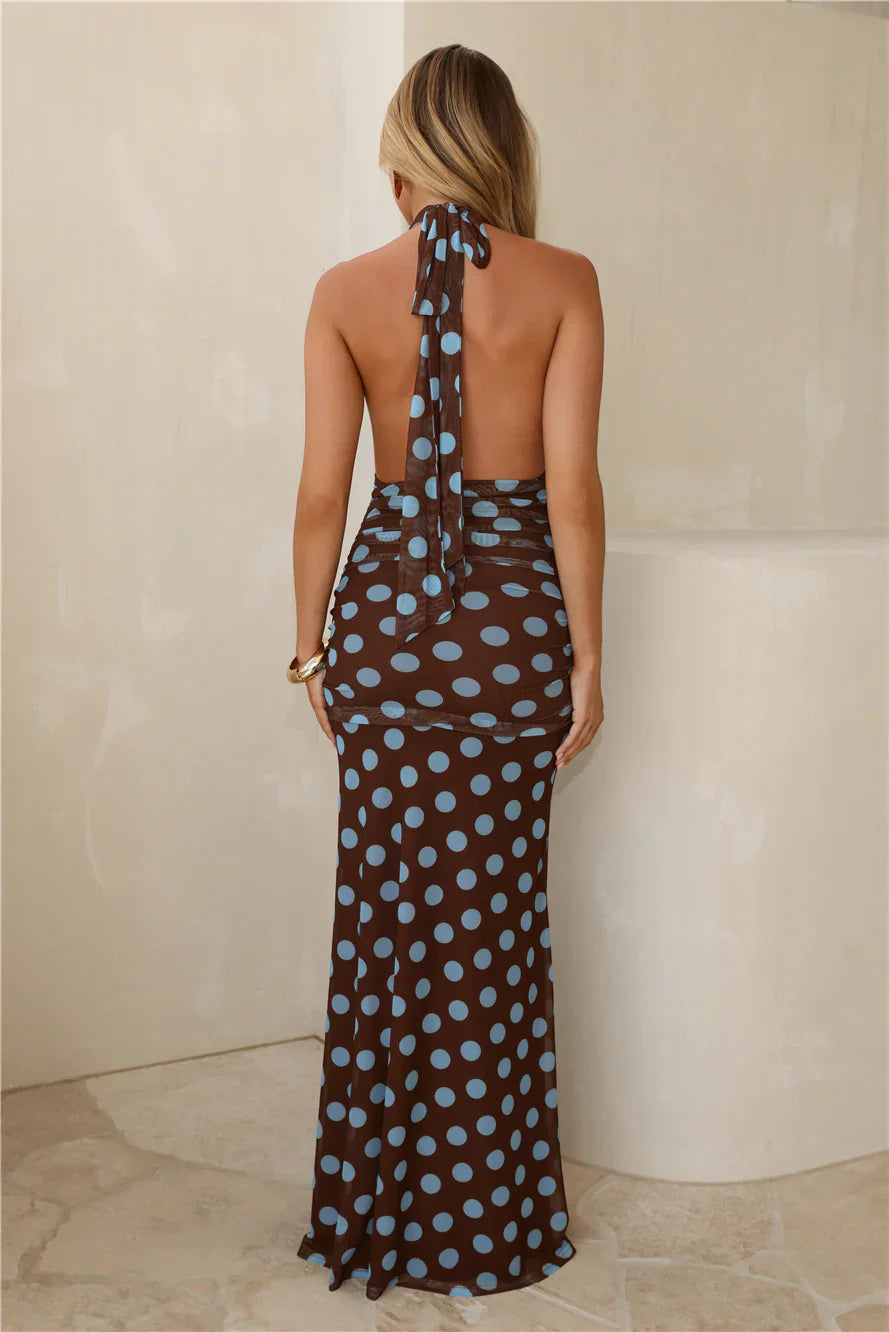 Cool Girl Energy Halter Polka Dot Maxi Dress Brown