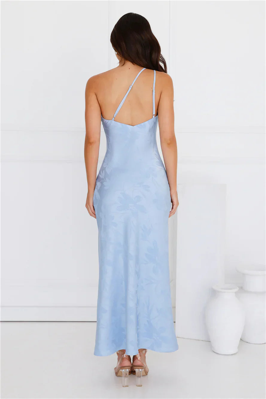 Exotic Bloom One Shoulder Satin Maxi Dress Blue