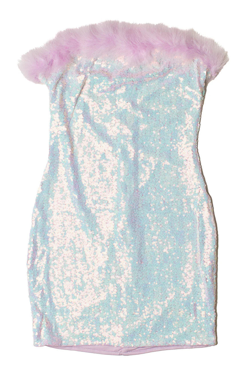Sequin Fur Trim Strapless Mini Dress