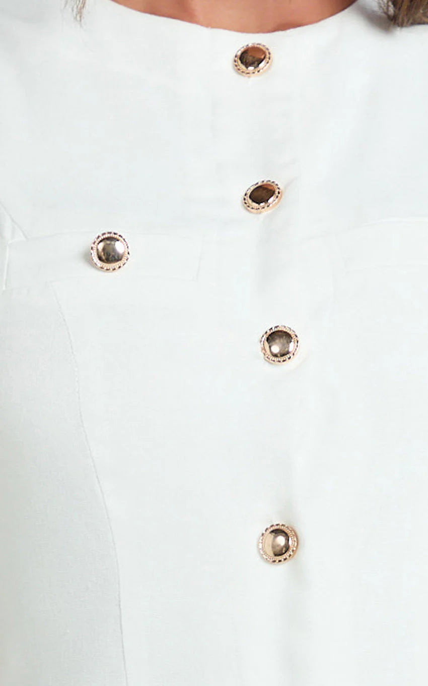 Alberta Mini Dress - Fitted Hardware Button Down Welt Pocket Dress in Off White