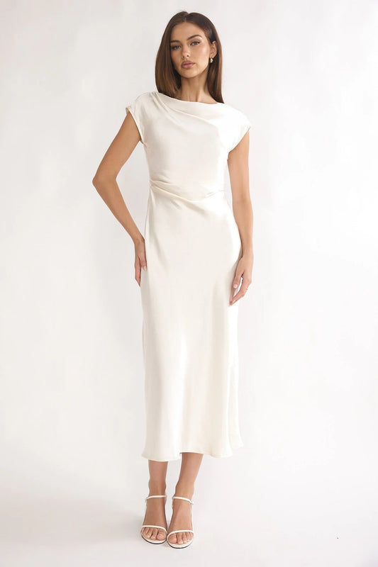Loveland Pleat Cowl Back Midi Dress Oyster