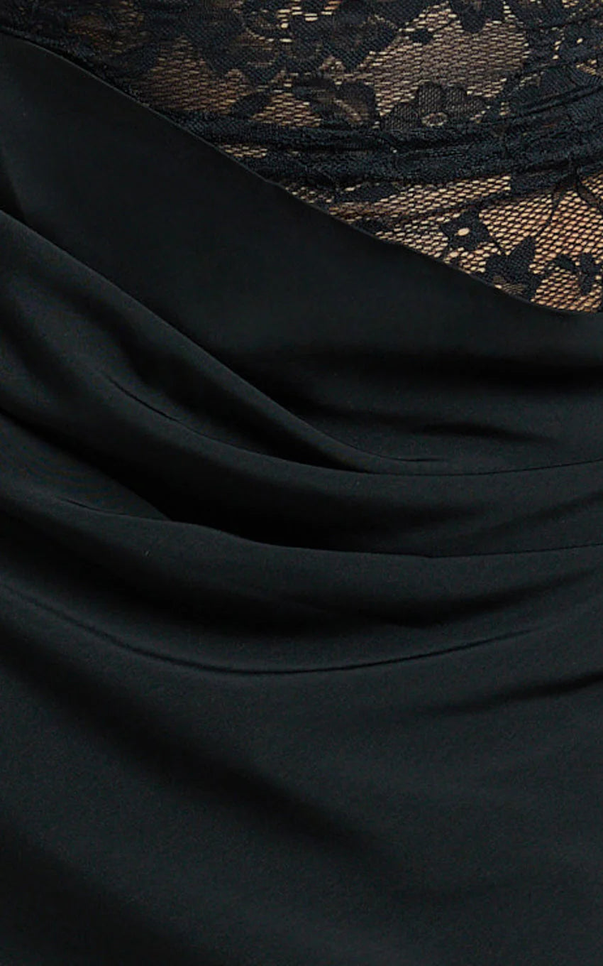 Rania Mini Dress - Square Neck Cowl Waist Lace Dress in Black