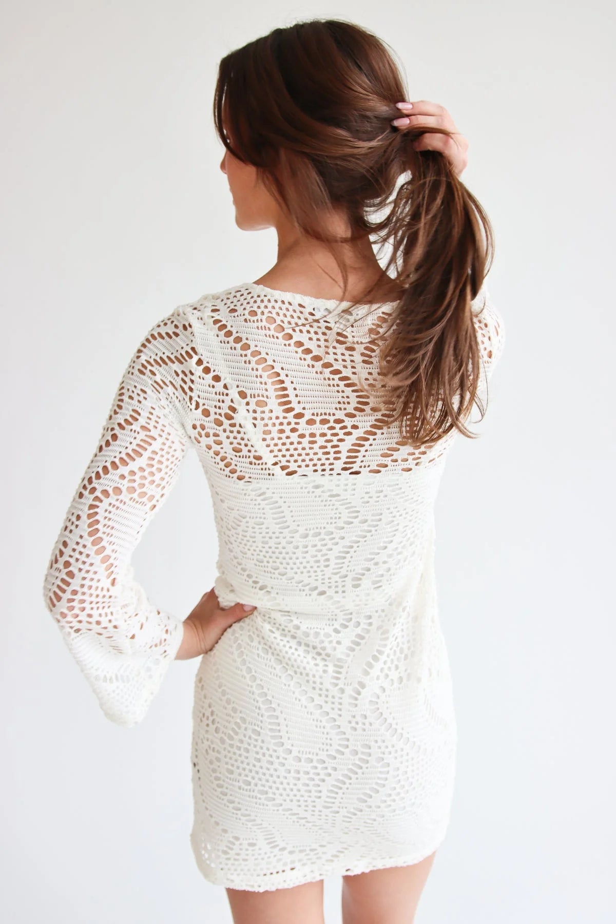 Bell Sleeve Crochet Dress With Slip