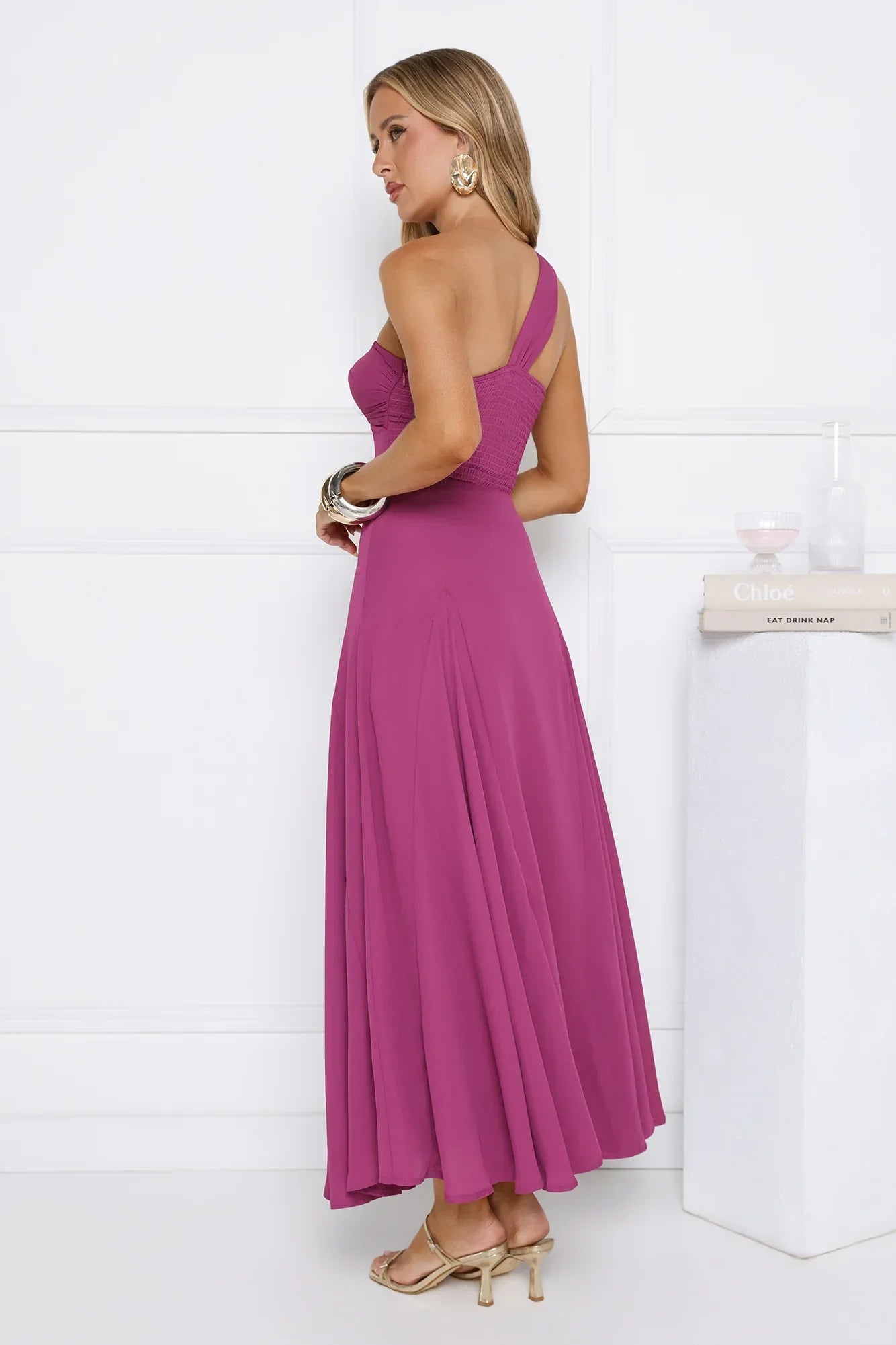 Glossed Edge One Shoulder Maxi Dress Plum