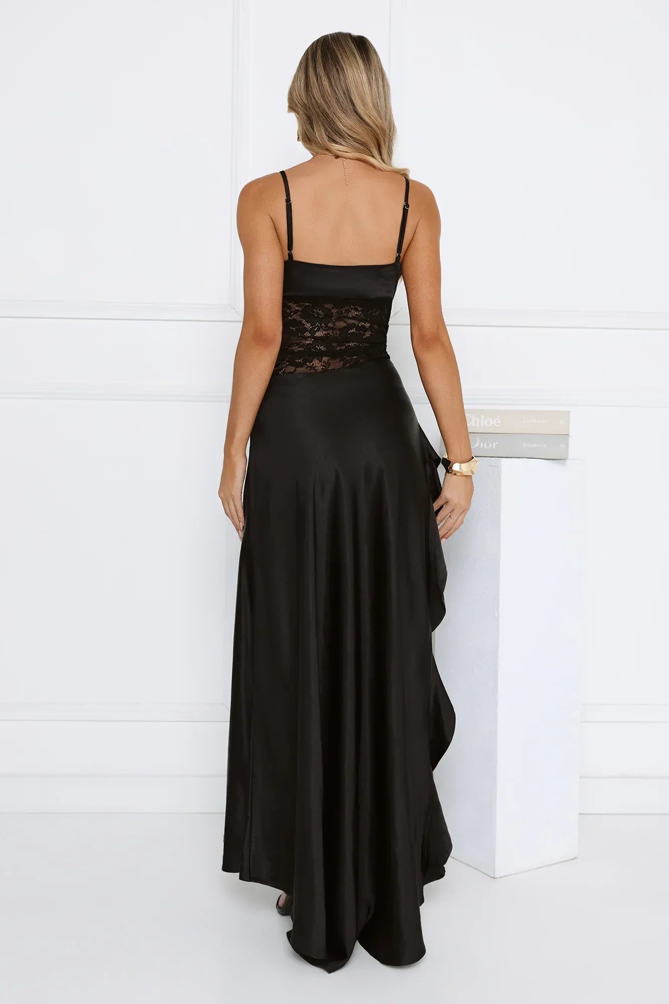 Dusky Dazzle Lace Satin Maxi Dress Black