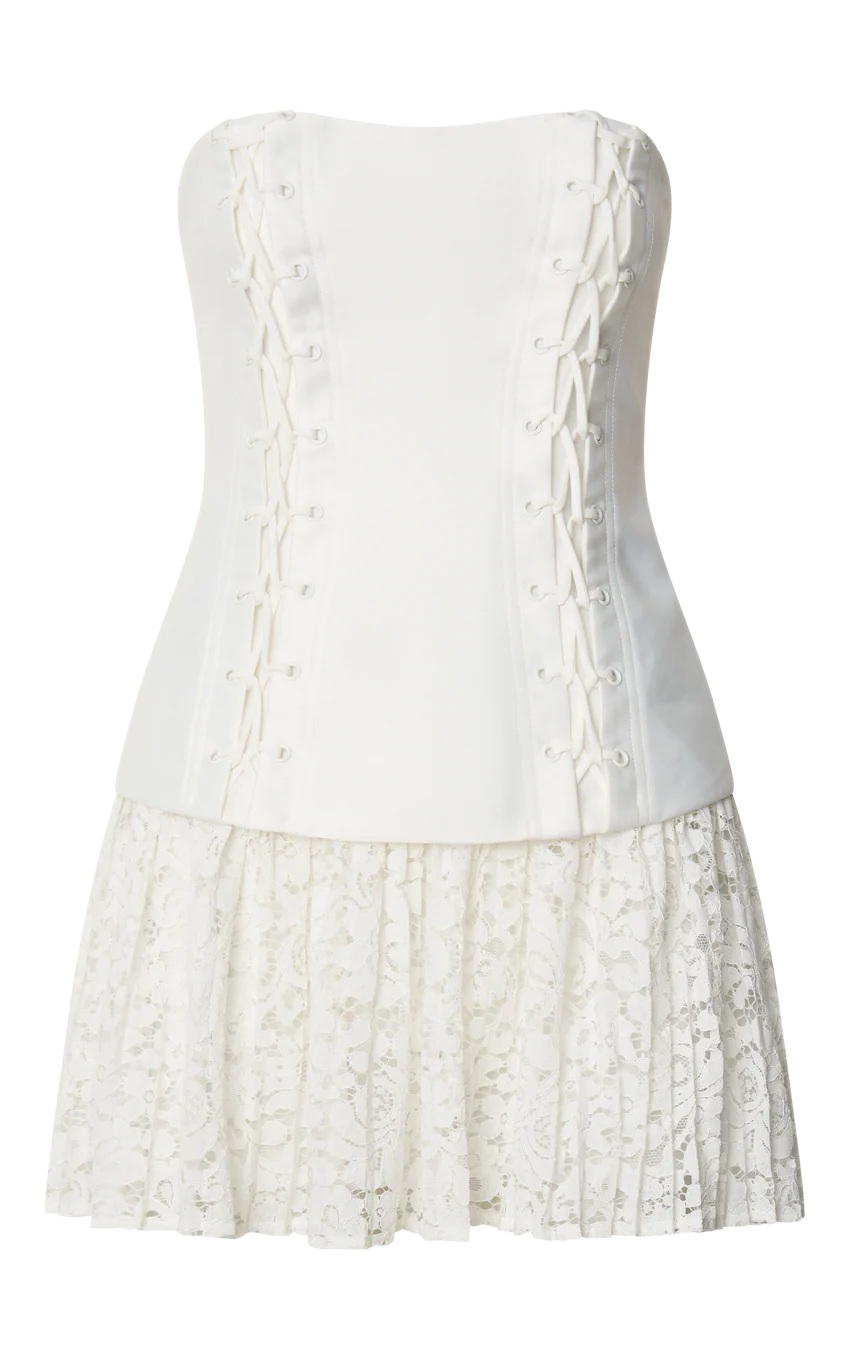 Emerie Mini Dress - Strapless Drop Waist Pleated Dress in Cream