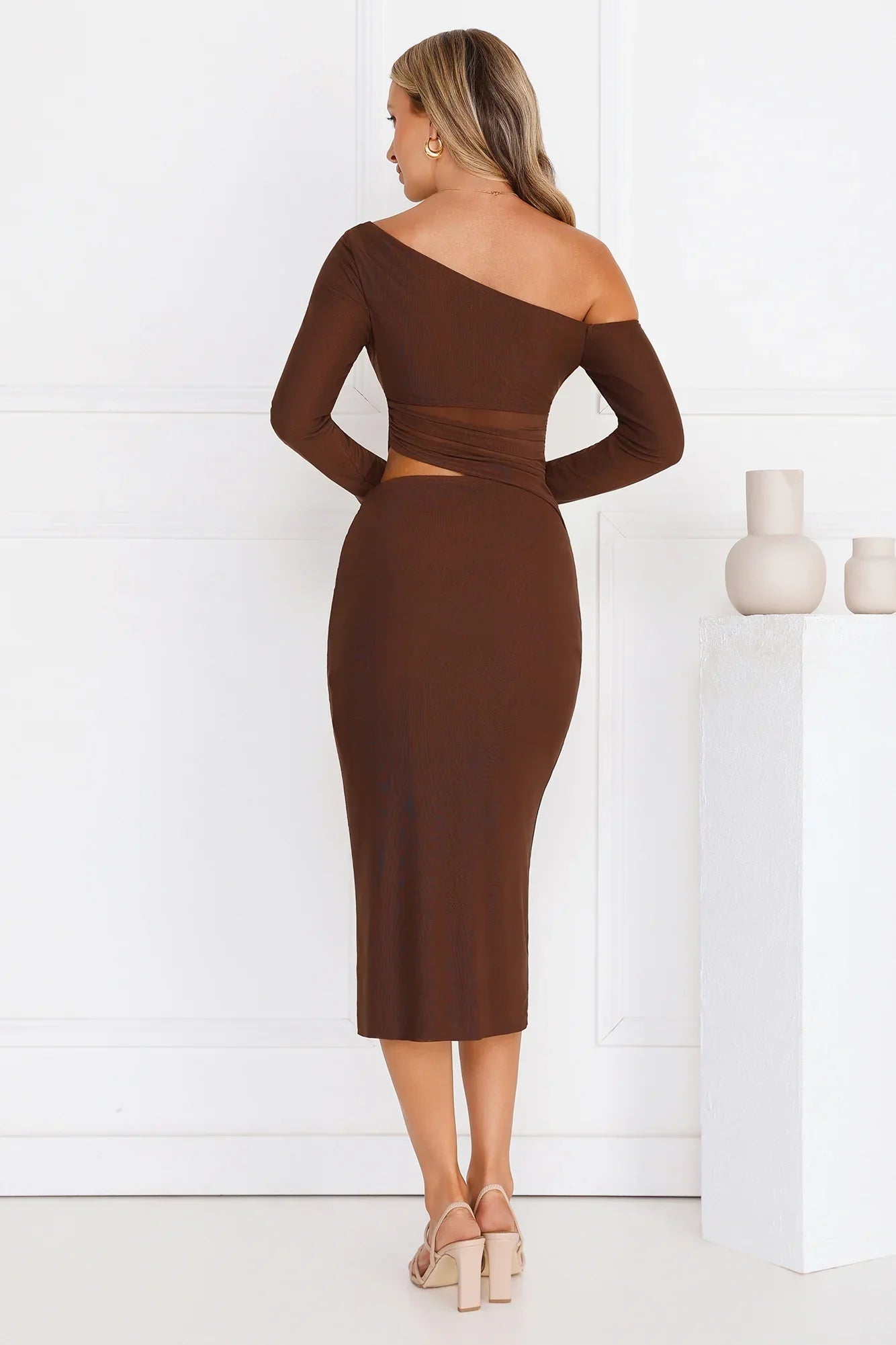 More To Want Long Sleeve Mesh Midi Dress Brown