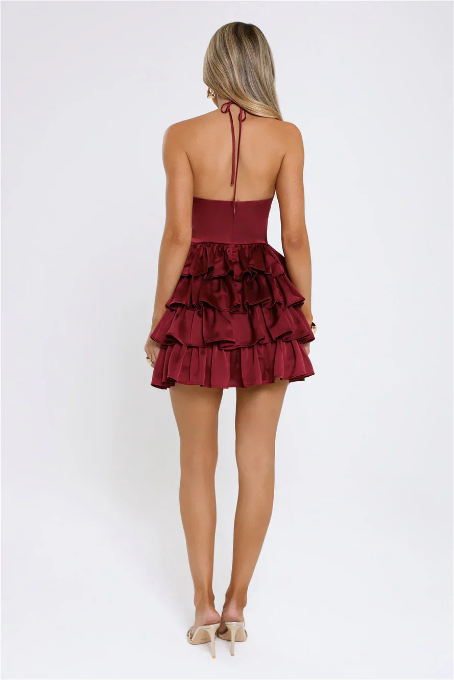 Moonlit Star Halter Satin Mini Dress Burgundy