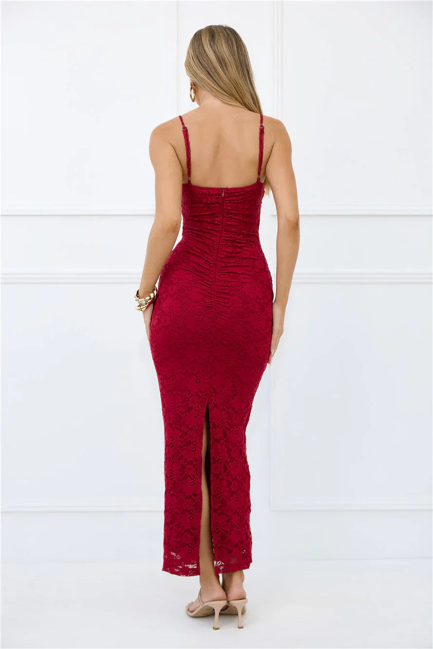 Chic After Dark Lace Maxi Dress Burgundy