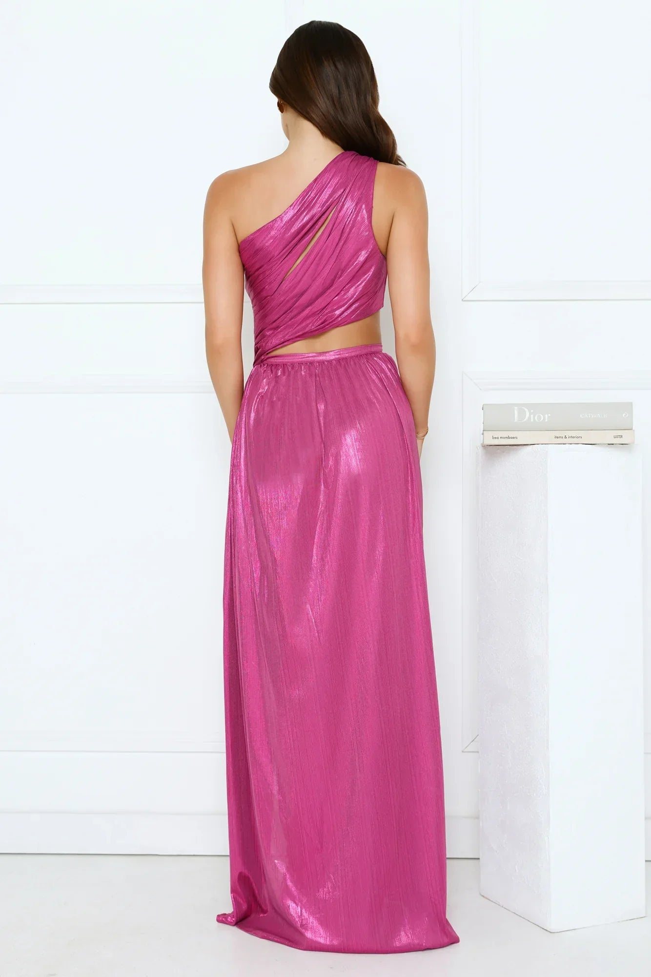 Iridescent Shimmer One Shoulder Maxi Dress Magenta