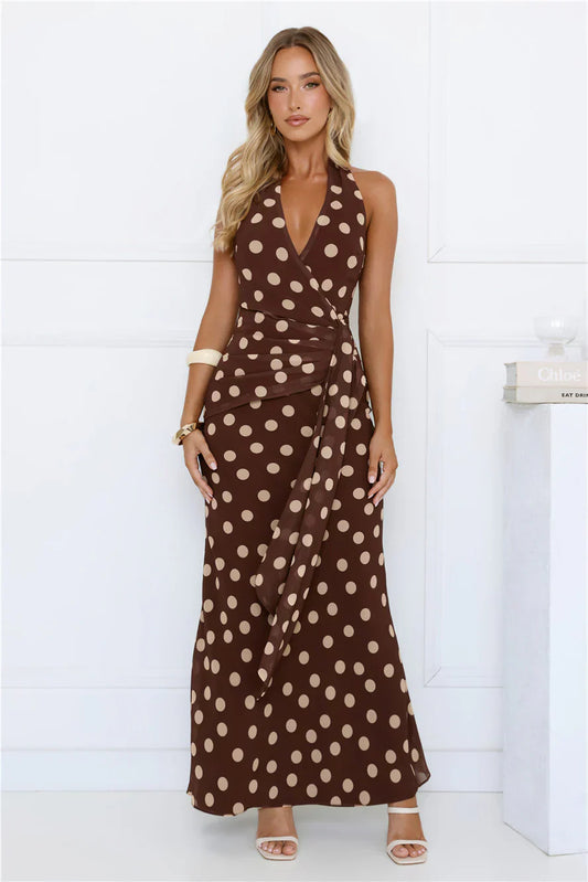 Nova Nights Halter Polka Dot Maxi Dress Brown