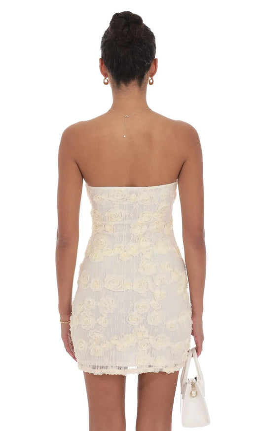 Textured Floral Strapless Dress in Cream