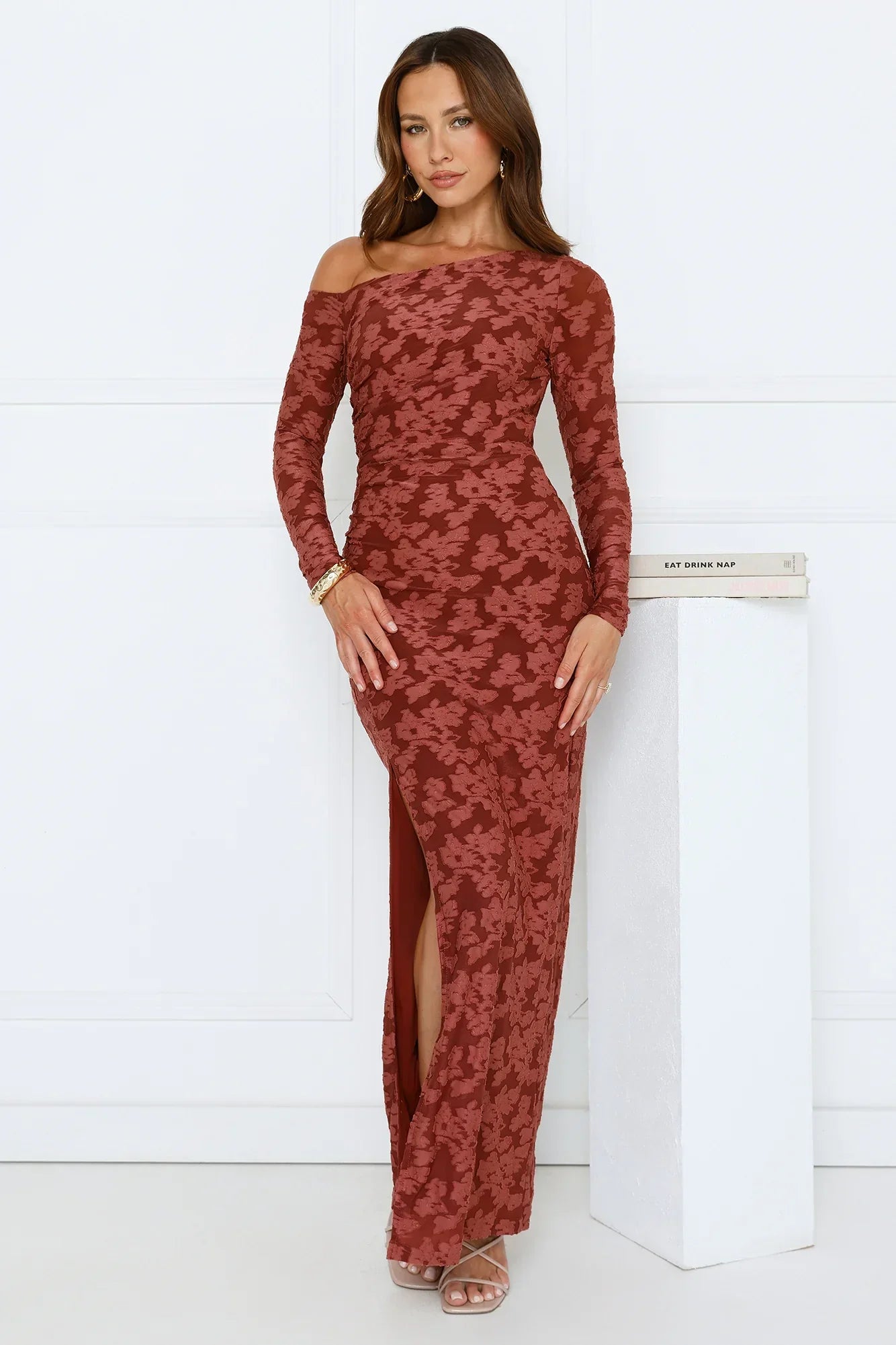 Aurora Lullaby Off Shoulder Maxi Dress Rust