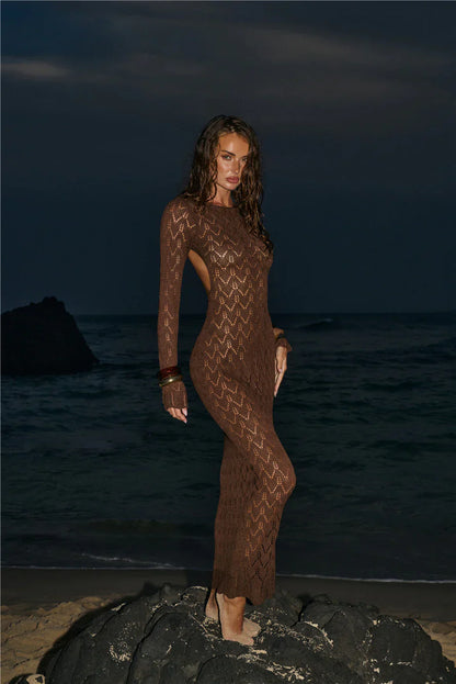 Island Aura Long Sleeve Knit Maxi Dress Chocolate