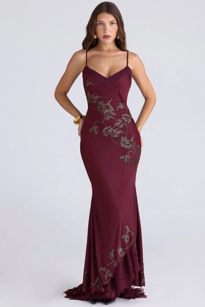 plum hand beaded embellished satin maxi gown - limited edition