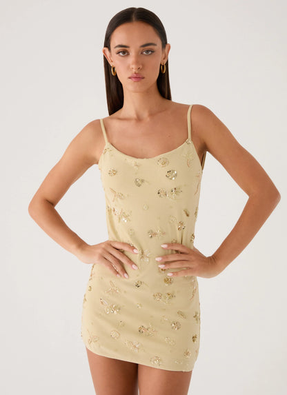 Levanna Beaded Sequin Mini Dress - Pale Olive