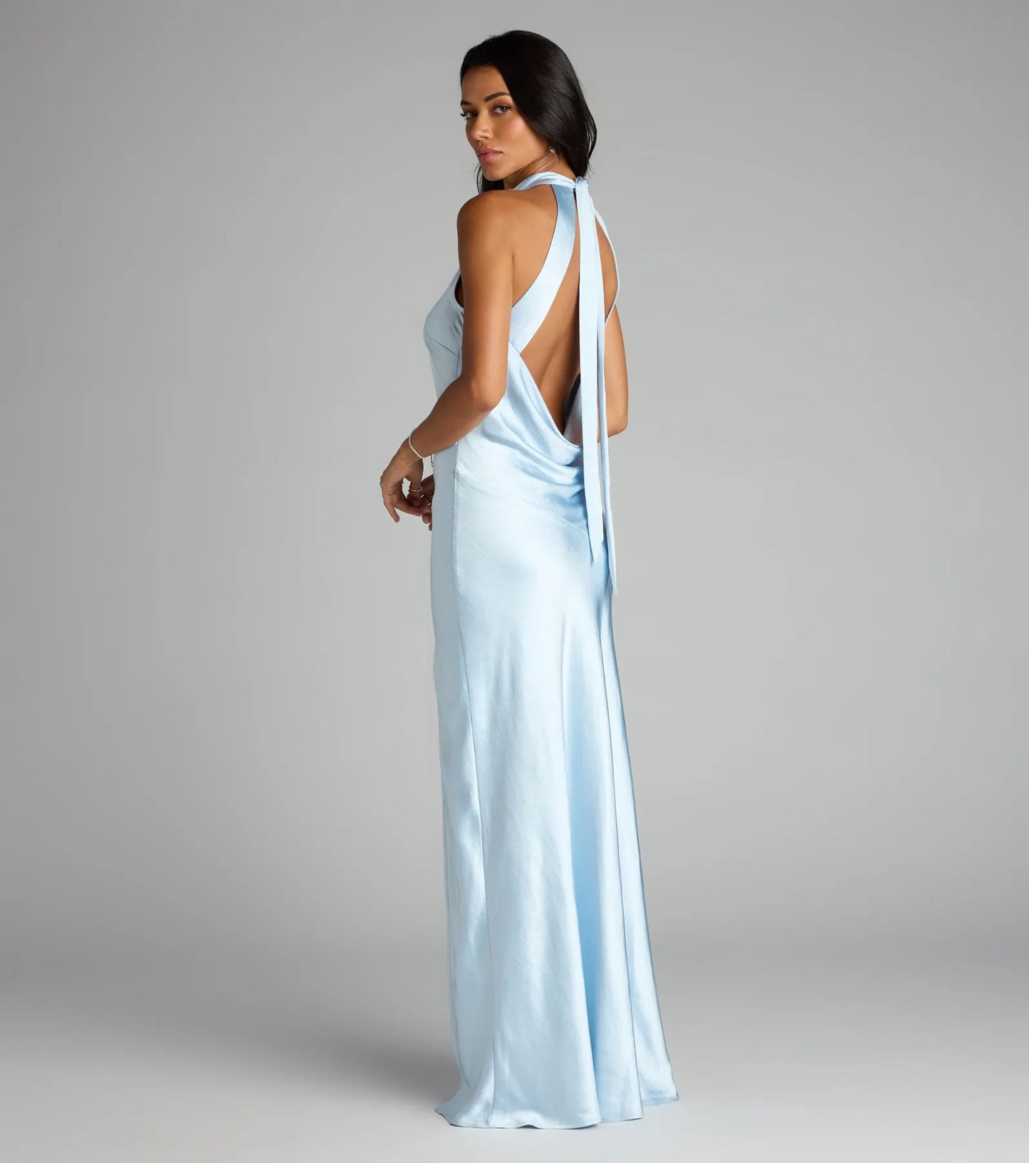 Andie Halter Open Back Slit Satin Formal Dress