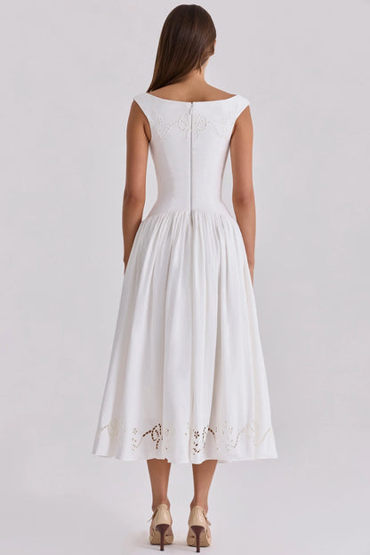 white cotton broderie anglaise boat neck maxi dress
