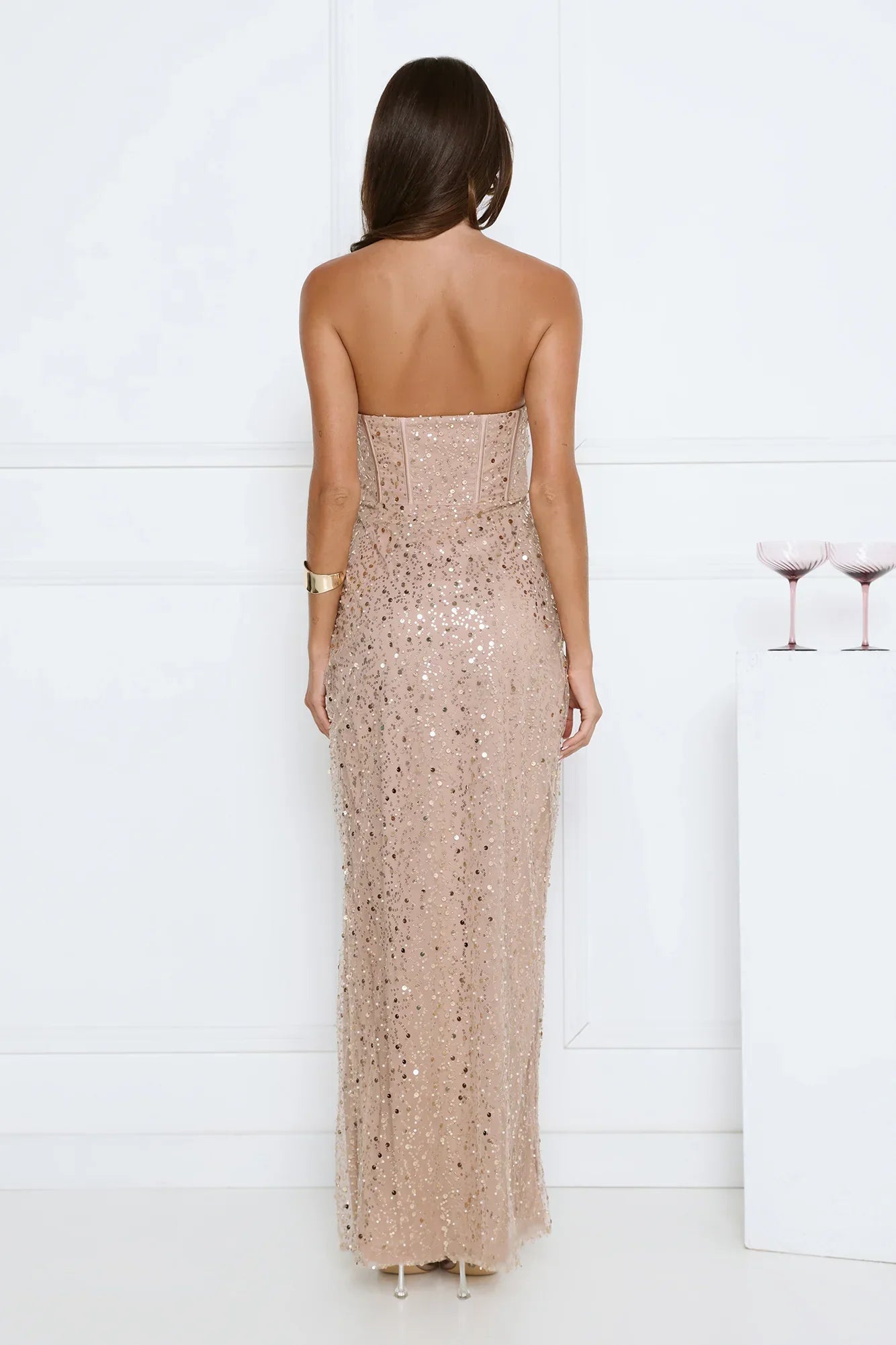 Confetti Royale Strapless Sequin Maxi Dress Gold