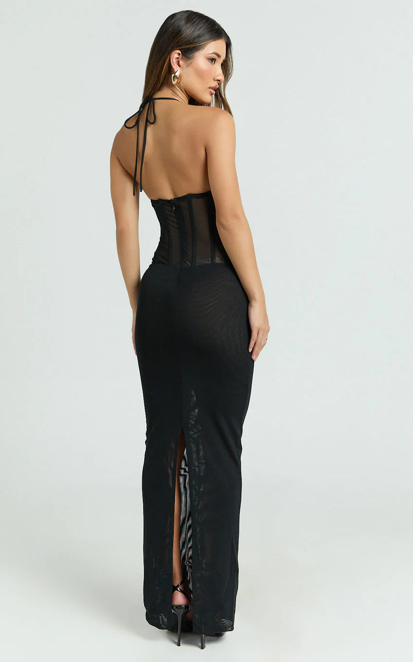 Roselyn Maxi Dress - Halter Neck Corset Waist Column Dress in Black