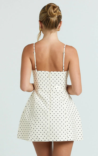Carolina Mini Dress - Scoop Neck Panel Bodice Dress in White Polka Dot