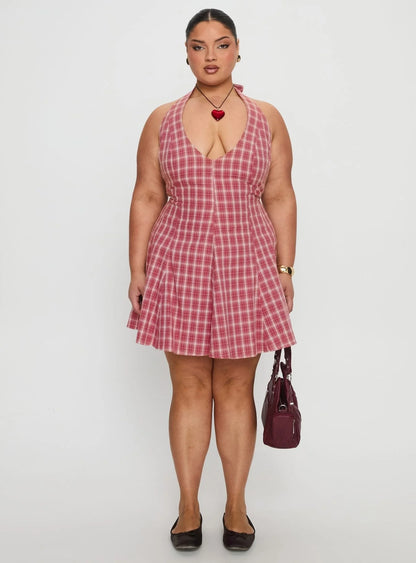 Out Of Nowhere Halter Mini Dress Red Check Curve