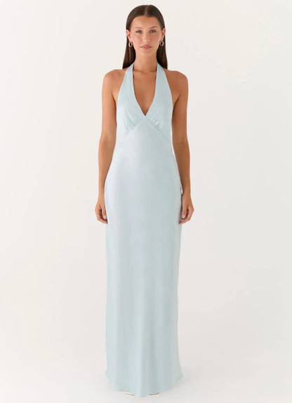 Heavy Hearted Satin Maxi Dress - Ice Blue