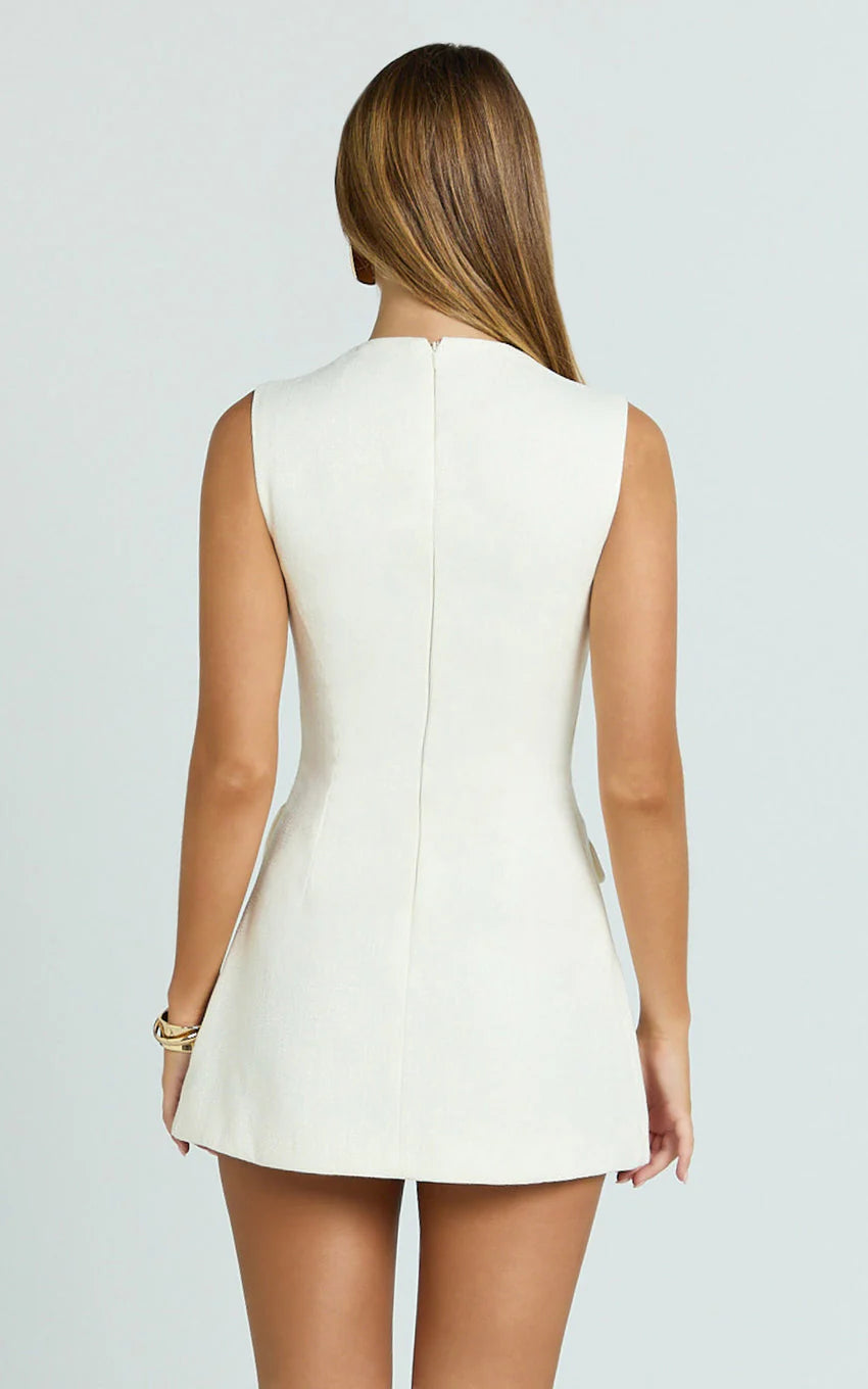 Halsey Mini Dress - Sleeveless Deep U Neck Faux Wrap Tulip Dress in Cream