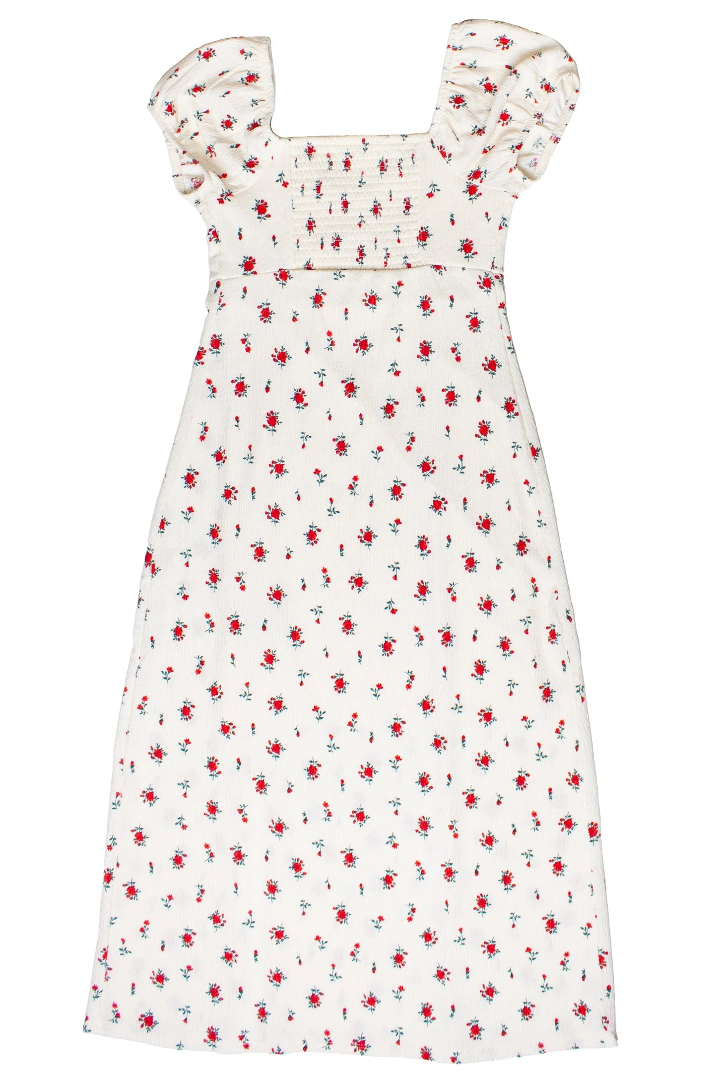 Rose Print Empire Waist Puff Sleeve Dress