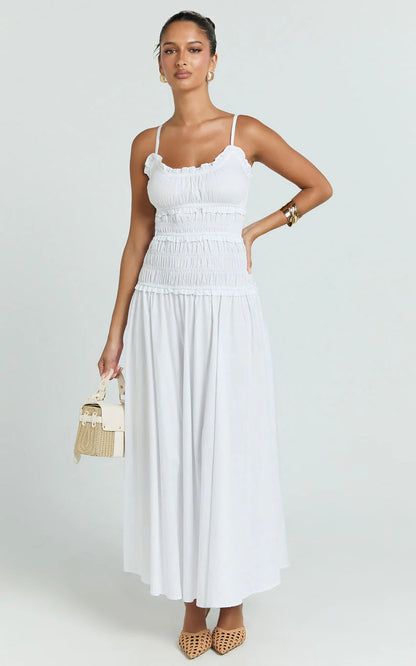 Cami Midi Dress - Rushed Bodice Dress in White