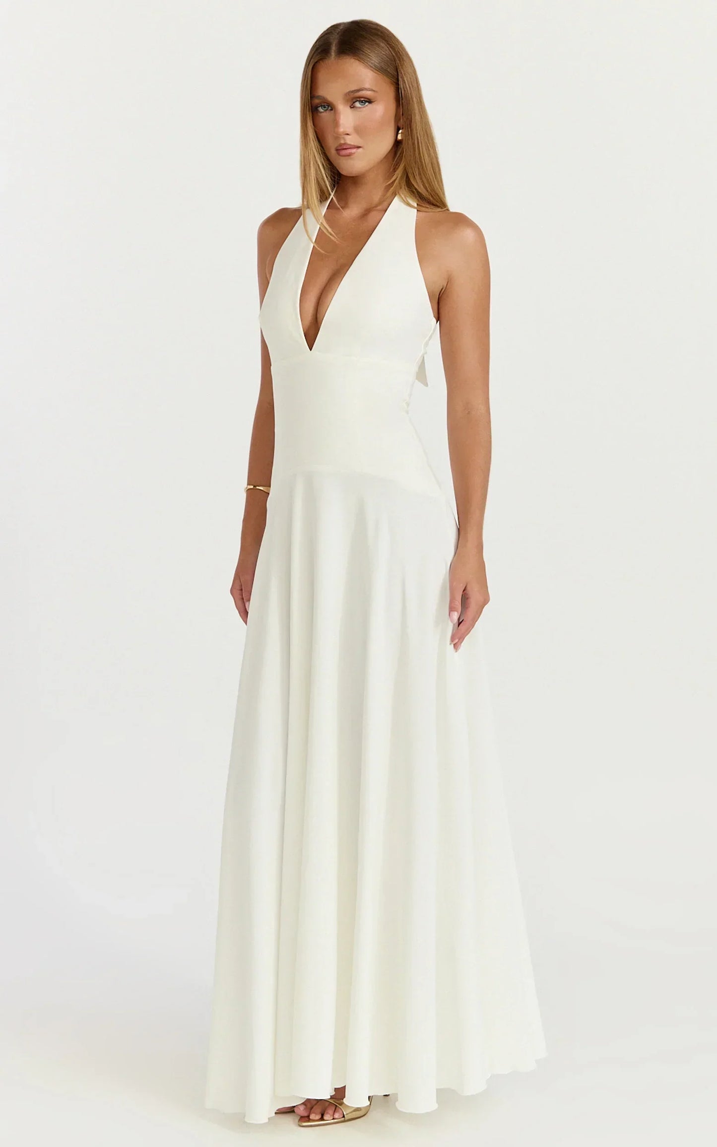 Poppy Maxi Dress - Contrast Skirt Deep Plunge Halter Dress in Off White