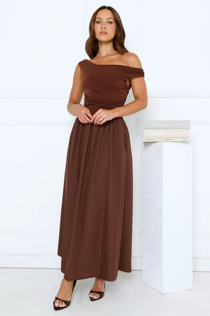 Camellia Charm Off Shoulder Maxi Dress Brown