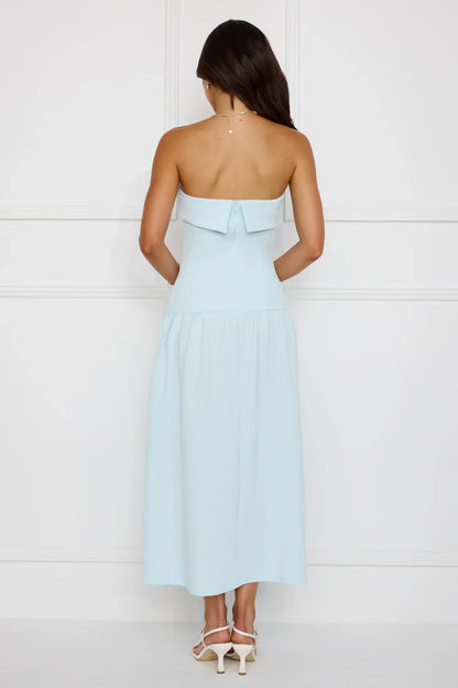 Effortlessly Posh Strapless Midi Dress Blue