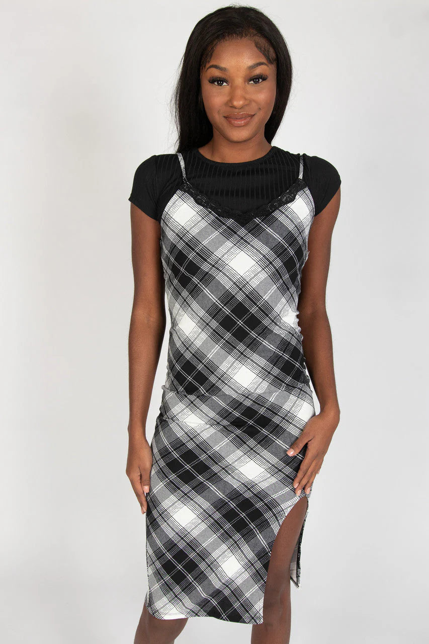 Lace Trim Plaid Midi Dress With Tee