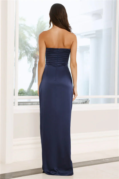 Kiss At Midnight Strapless Satin Maxi Dress Navy