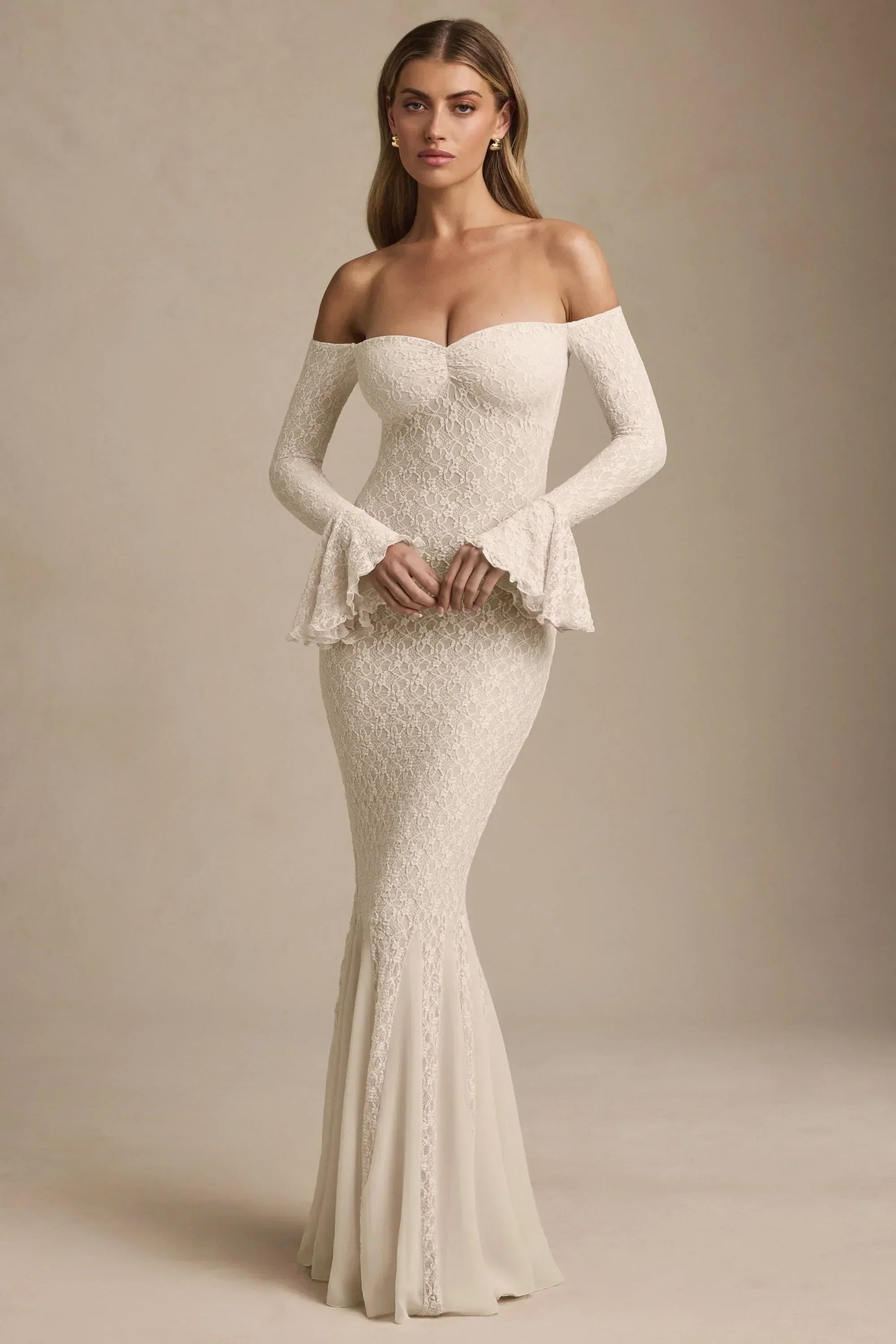 Off-Shoulder Ruffle Lace Maxi Dress in Ivory
