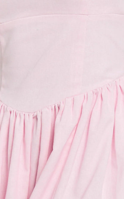 Morris Midi Dress - Linen Scoop Neck Gathered Dress in Pink
