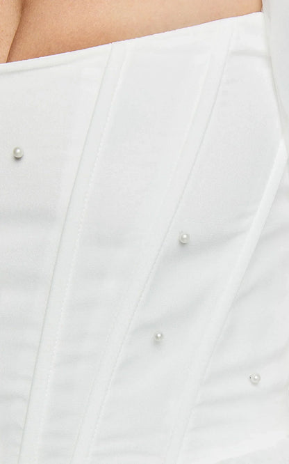 Ingrid Mini Dress - Long Puff Sleeve Pearl Detail Dress in White