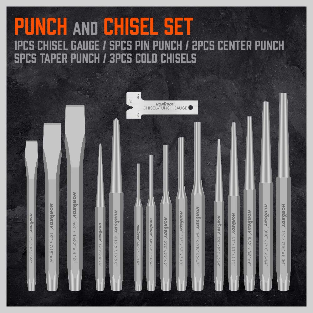 16-Piece Punch and Chisel Set – Chrome Vanadium Steel Hand Tool Kit for Metalworking, Automotive Repair & Workshop Projects