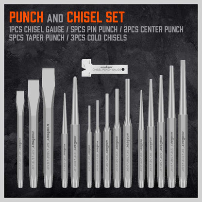 16-Piece Punch and Chisel Set – Chrome Vanadium Steel Hand Tool Kit for Metalworking, Automotive Repair & Workshop Projects