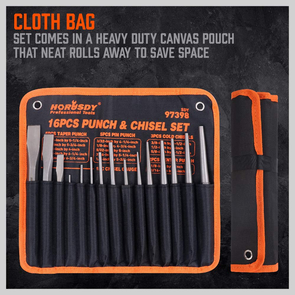 16-Piece Punch and Chisel Set – Chrome Vanadium Steel Hand Tool Kit for Metalworking, Automotive Repair & Workshop Projects
